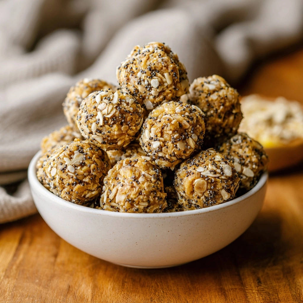 Easy no-bake energy balls piled high in a white bowl, showcasing their textured exterior with oats and seeds.
