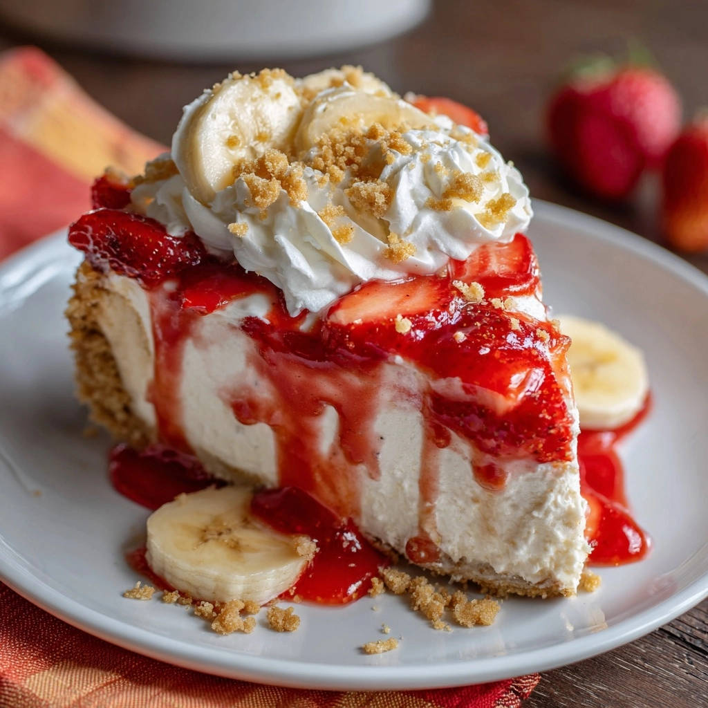 No-bake strawberry banana cheesecake pie slice garnished with whipped cream and banana slices on a white plate.