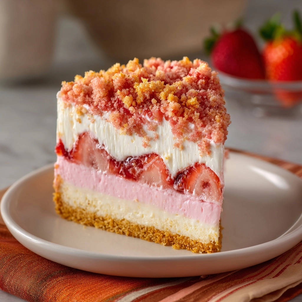 No-Bake Strawberry Dream Cake featuring clean layers and a close-up view of its strawberry and cream filling.