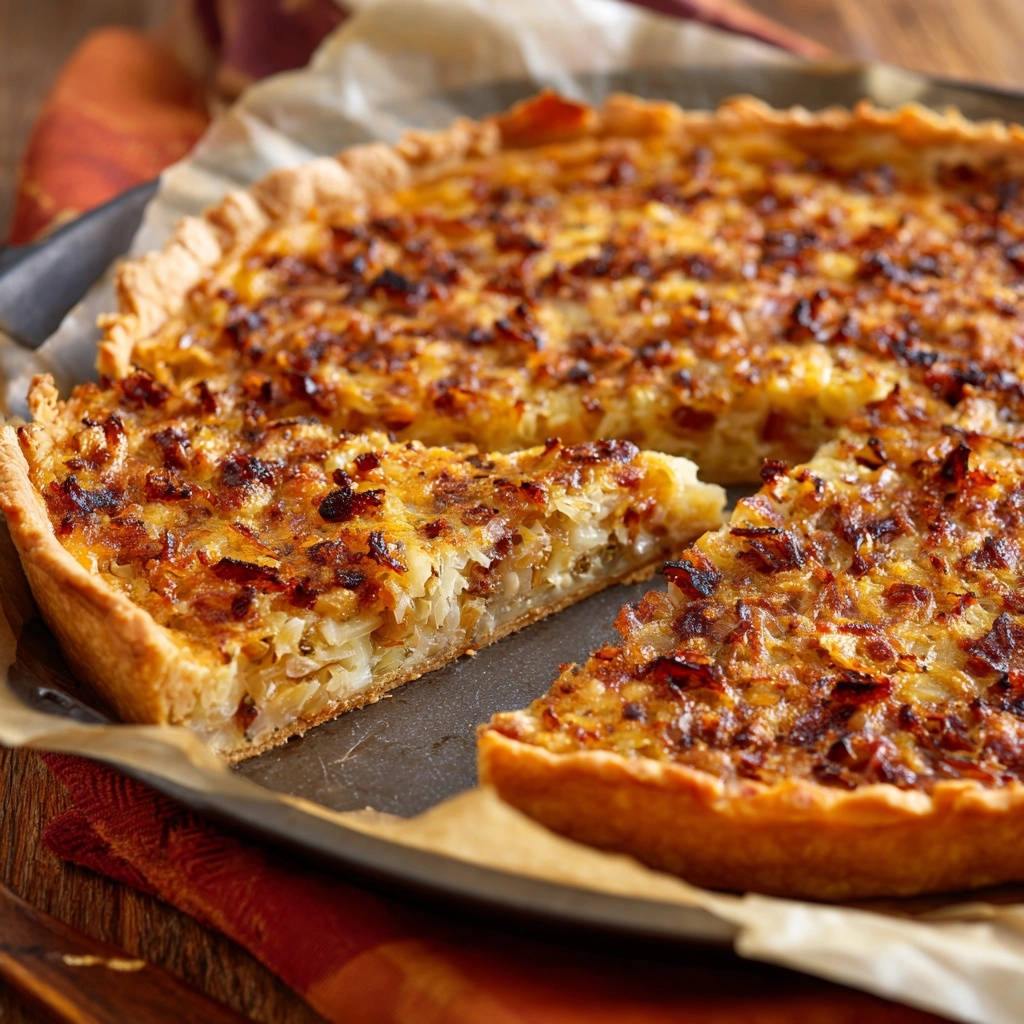 Onion savory tart with a crisp crust, showing a detailed cross-section of the filling.