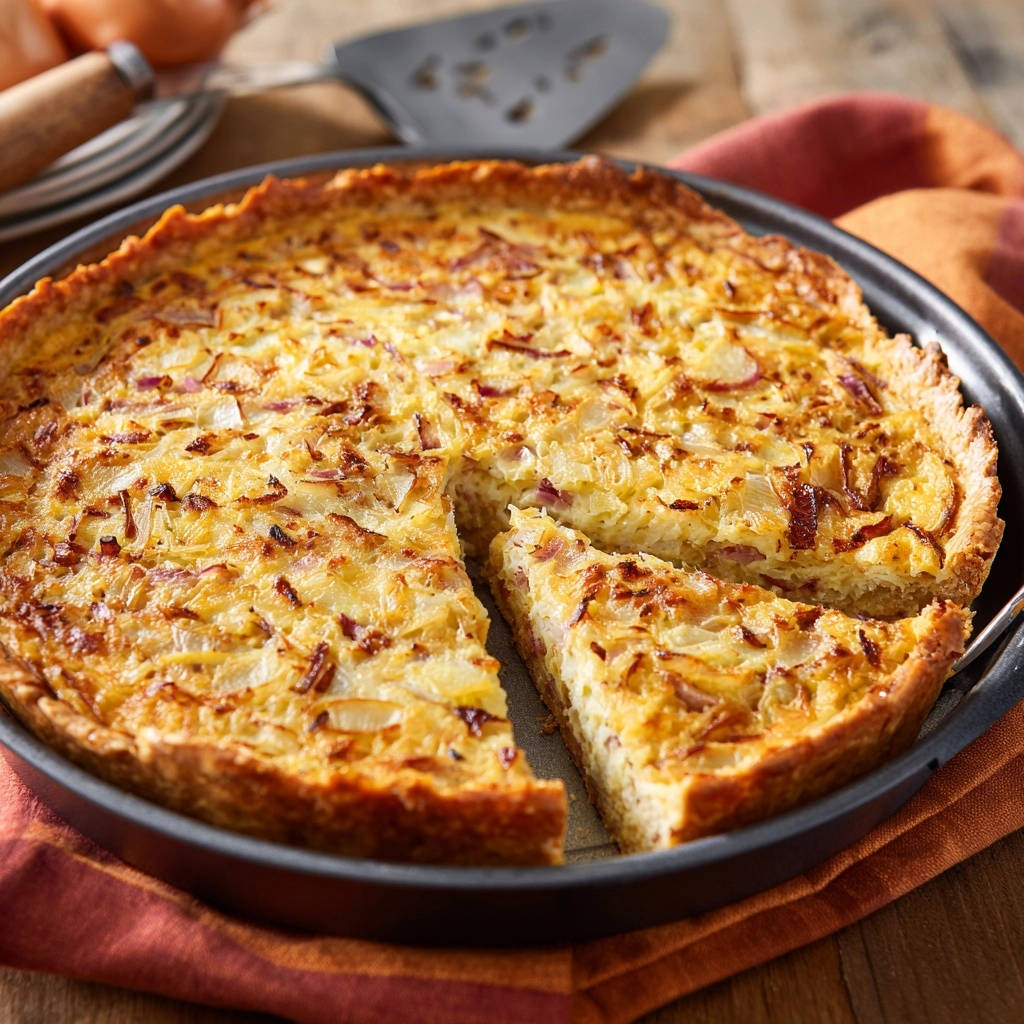Onion savory tart with a slice removed, showcasing its golden crust and savory filling.