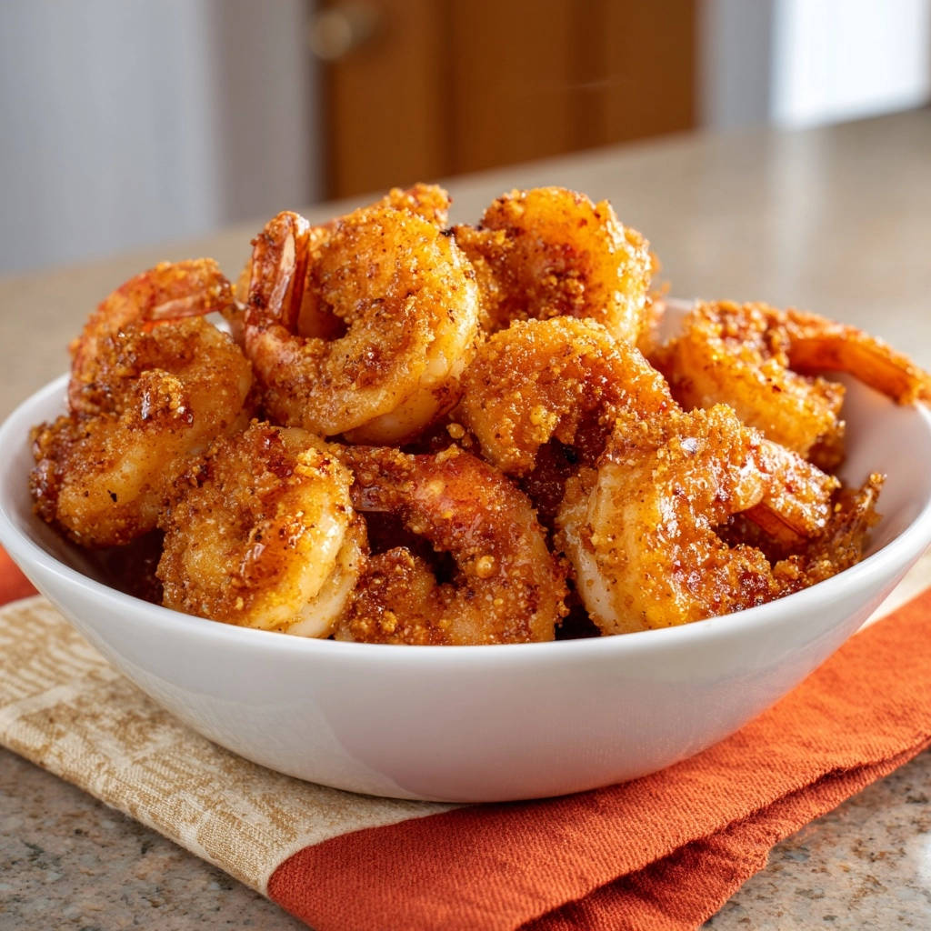 Perfectly spiced pan-seared shrimp piled high in a white bowl, showcasing their golden-brown coating.