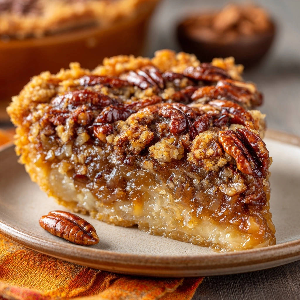 Classic Pecan Crumble Pie served as a plated slice, showcasing its rich filling and pecan topping.
