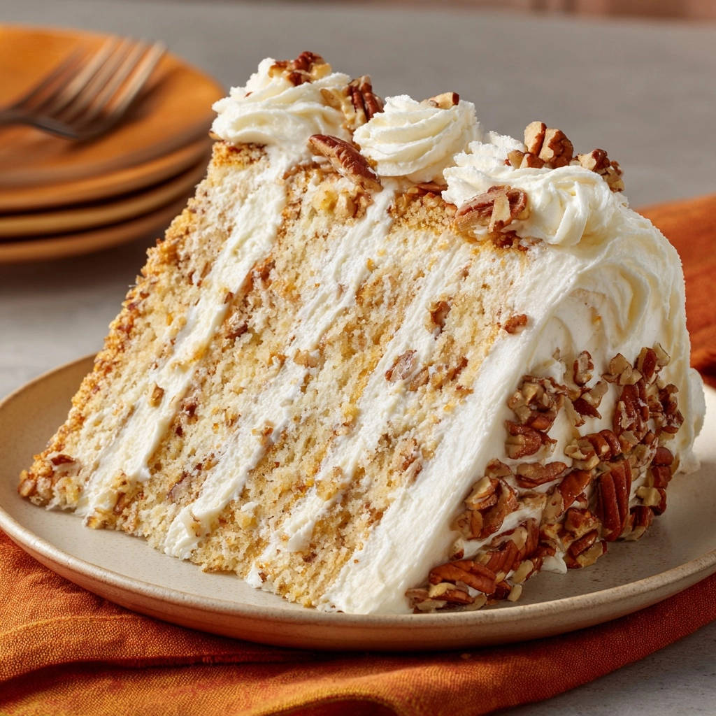 Pecan Perfection Layer Cake, a moist slice showing layers of cake and frosting, garnished with chopped pecans.