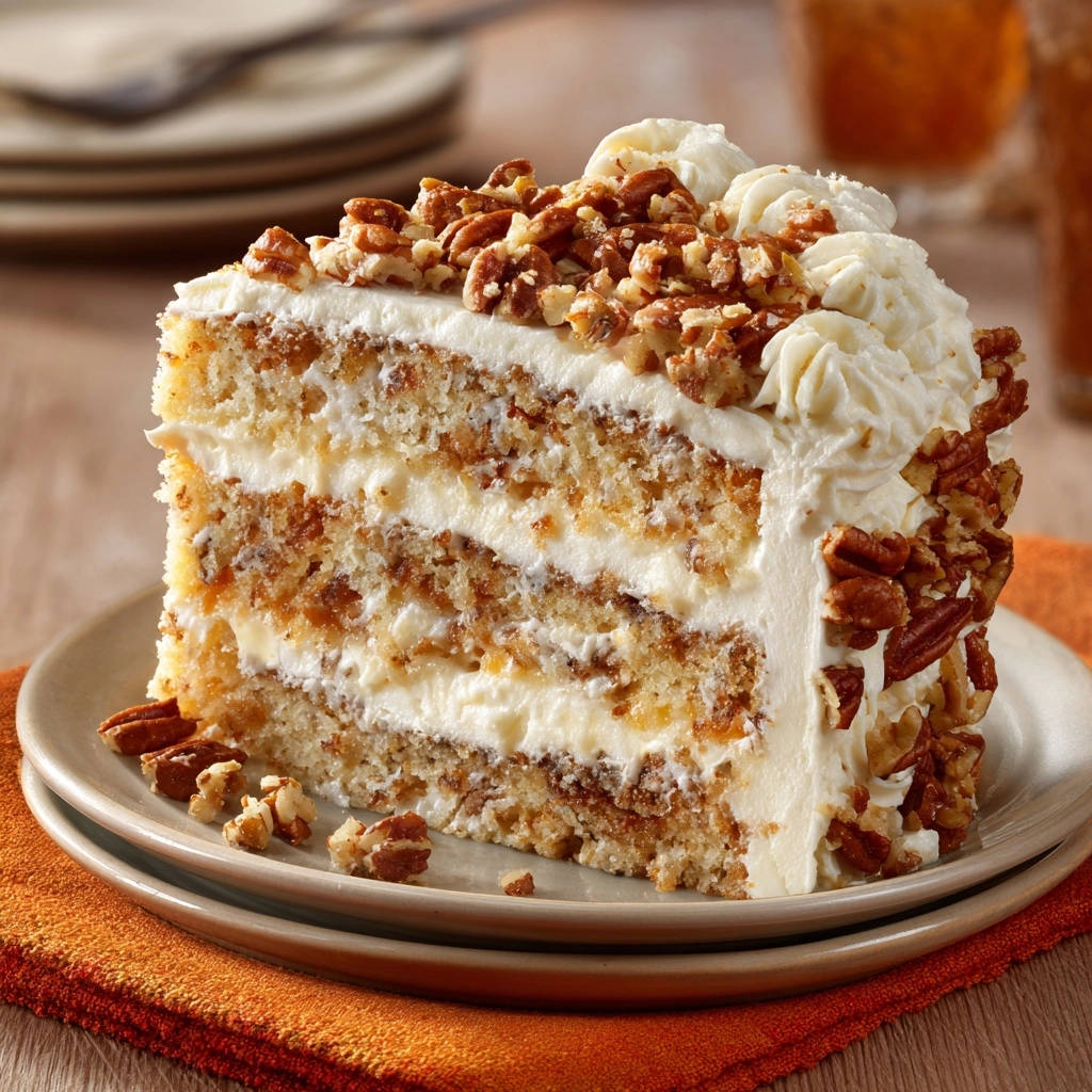 Pecan Perfection Layer Cake, a moist delight, shown in a close-up cross-section with rich frosting and nuts.