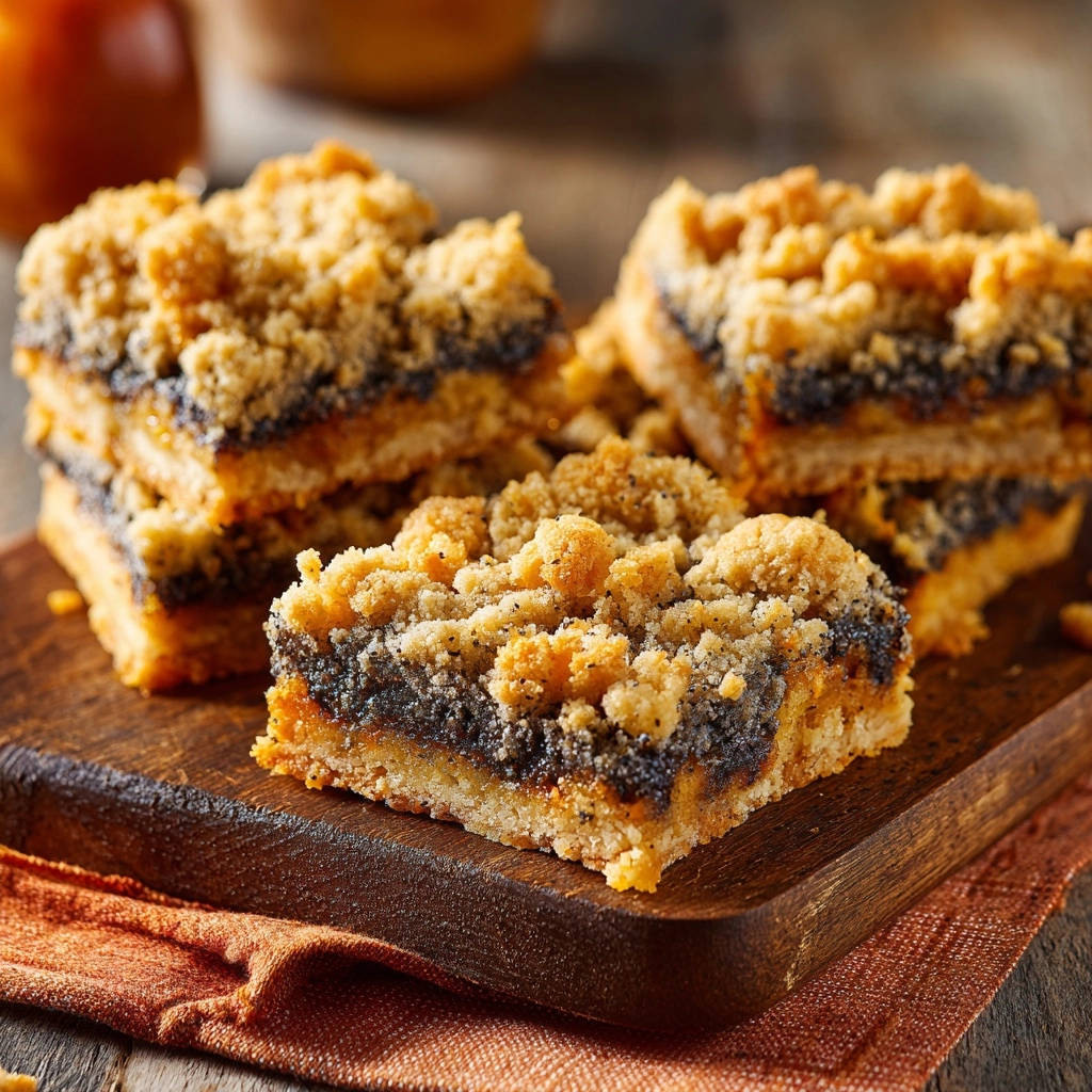 Poppy seed crumb bars shown in a close-up cross-section, highlighting the layers of crumb topping and filling.