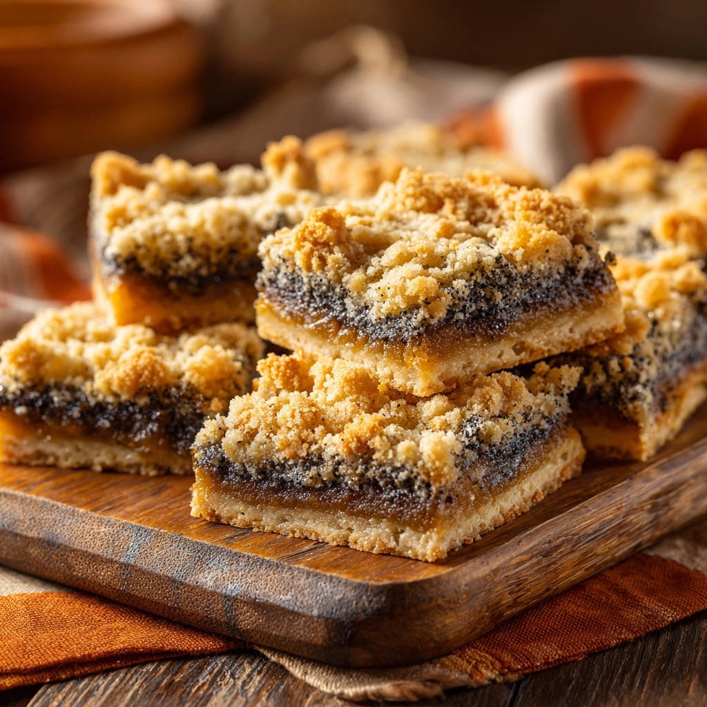 Poppy seed crumb bars showing a close-up stack of layered baked bars with a crumb topping on a wooden board.