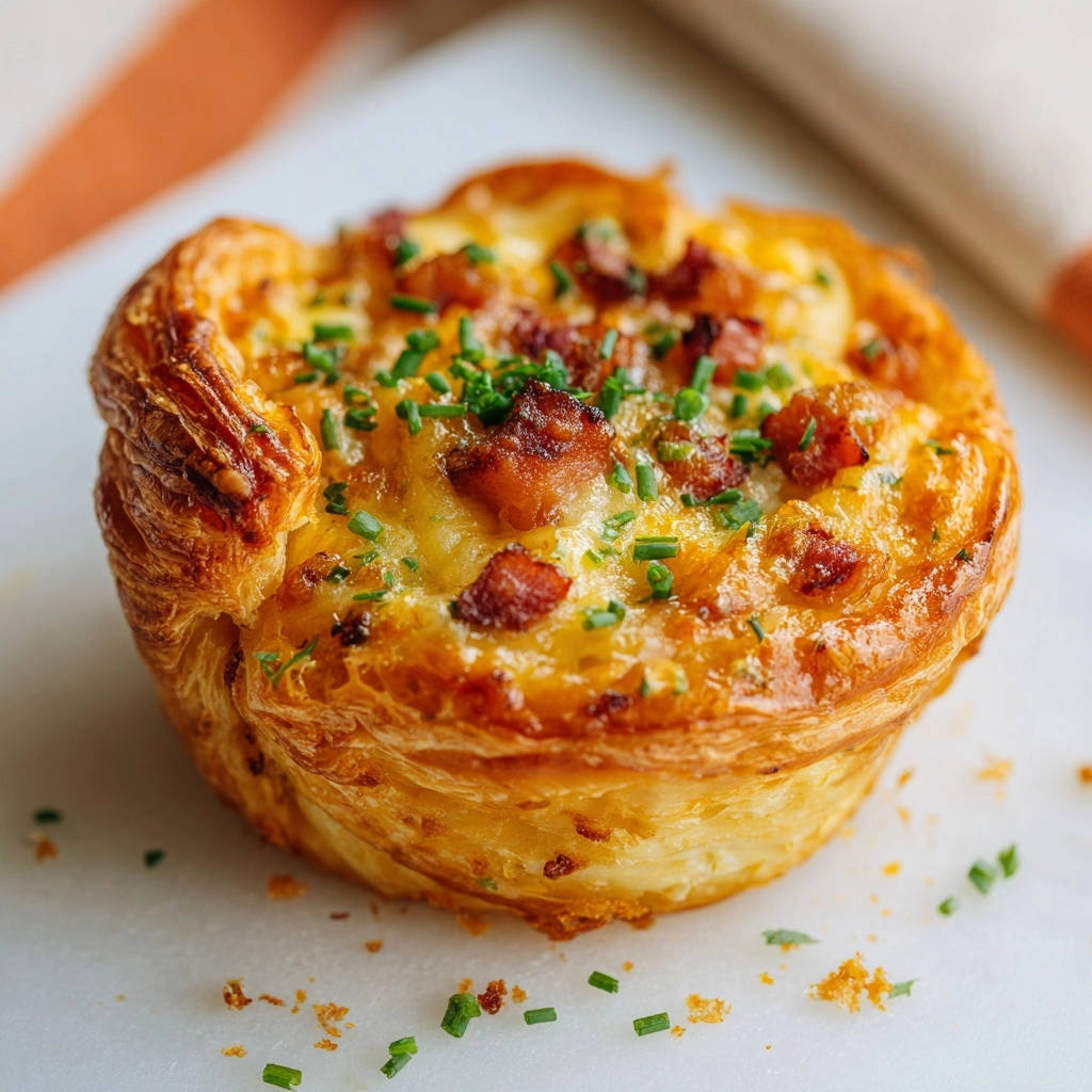 Puff pastry breakfast bites with bacon and chives, presented as a close-up detail of the topping.