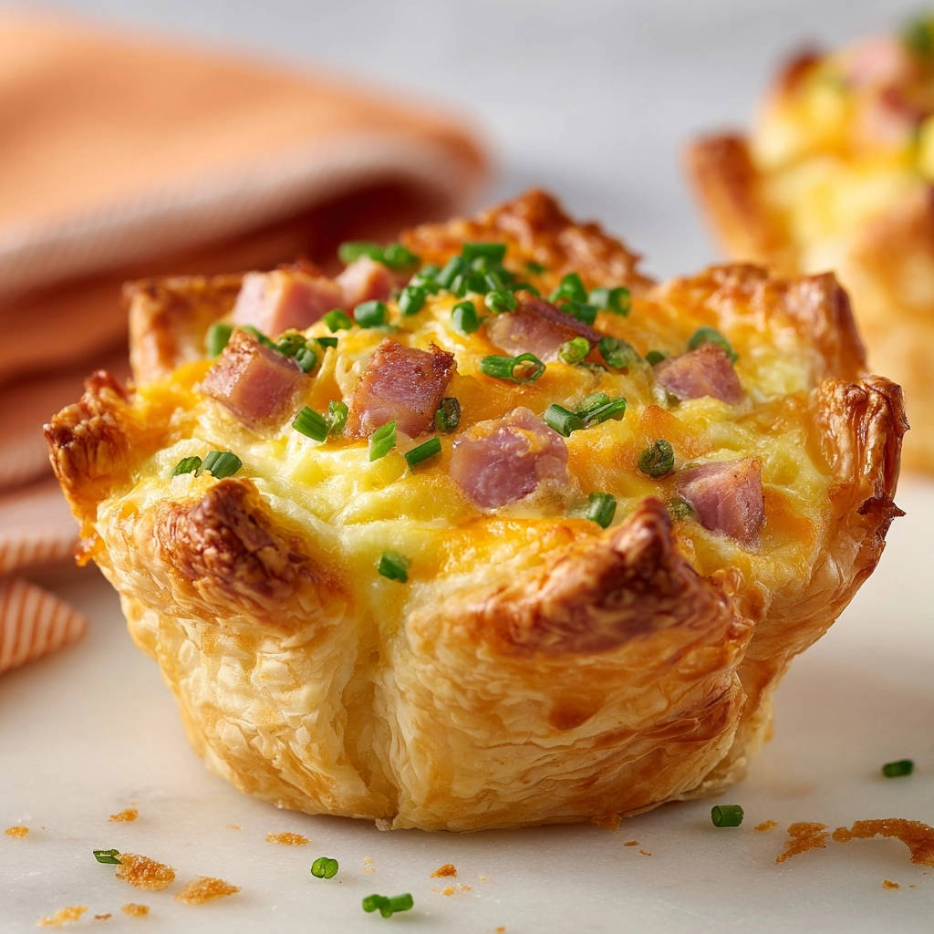 Puff pastry breakfast bites generously garnished with diced ham and fresh chives in a close-up view.