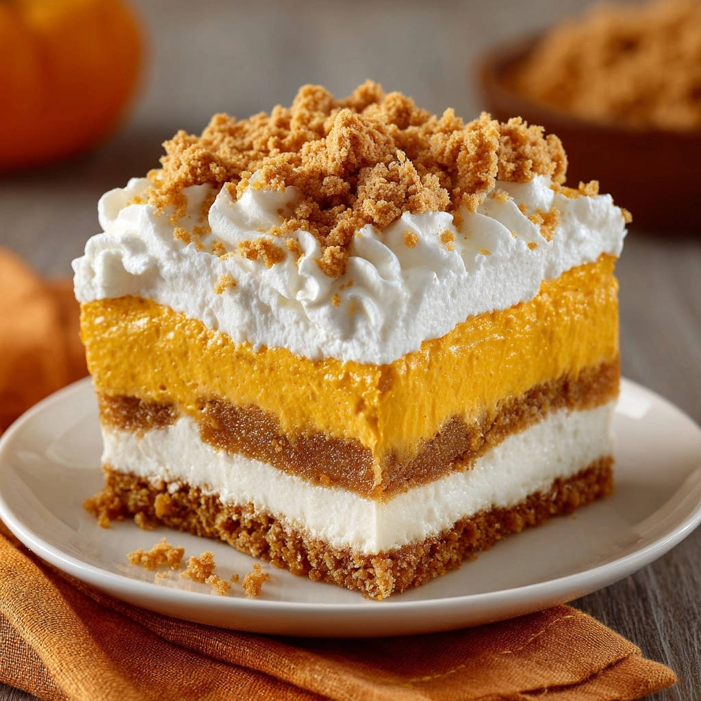 Pumpkin Patch Dessert: Layered Perfection, Easy Slices, a close-up cross-section slice showing distinct layers of pumpkin, cream, and crust.
