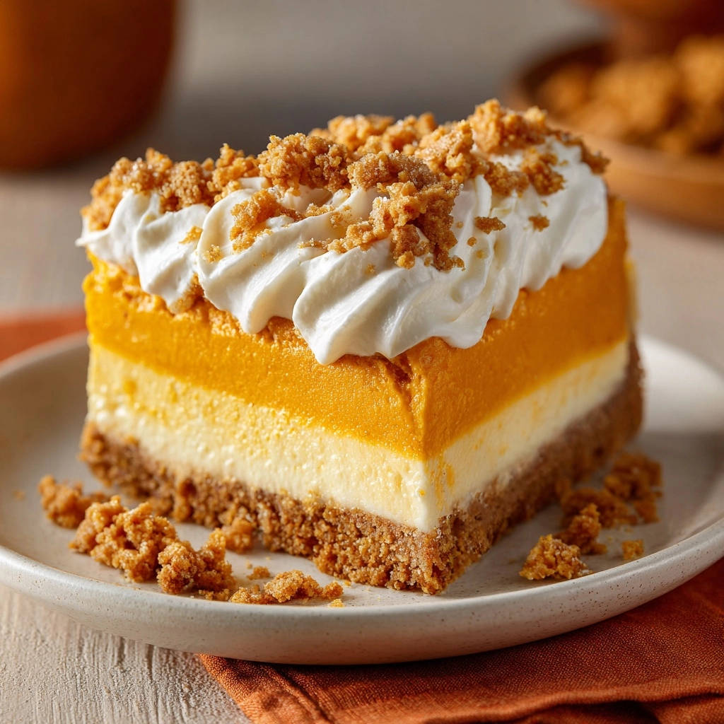 Pumpkin Patch Dessert: a plated slice cross-section shows layers of pumpkin, cream cheese, and graham cracker crust topped with whipped cream and crumble.