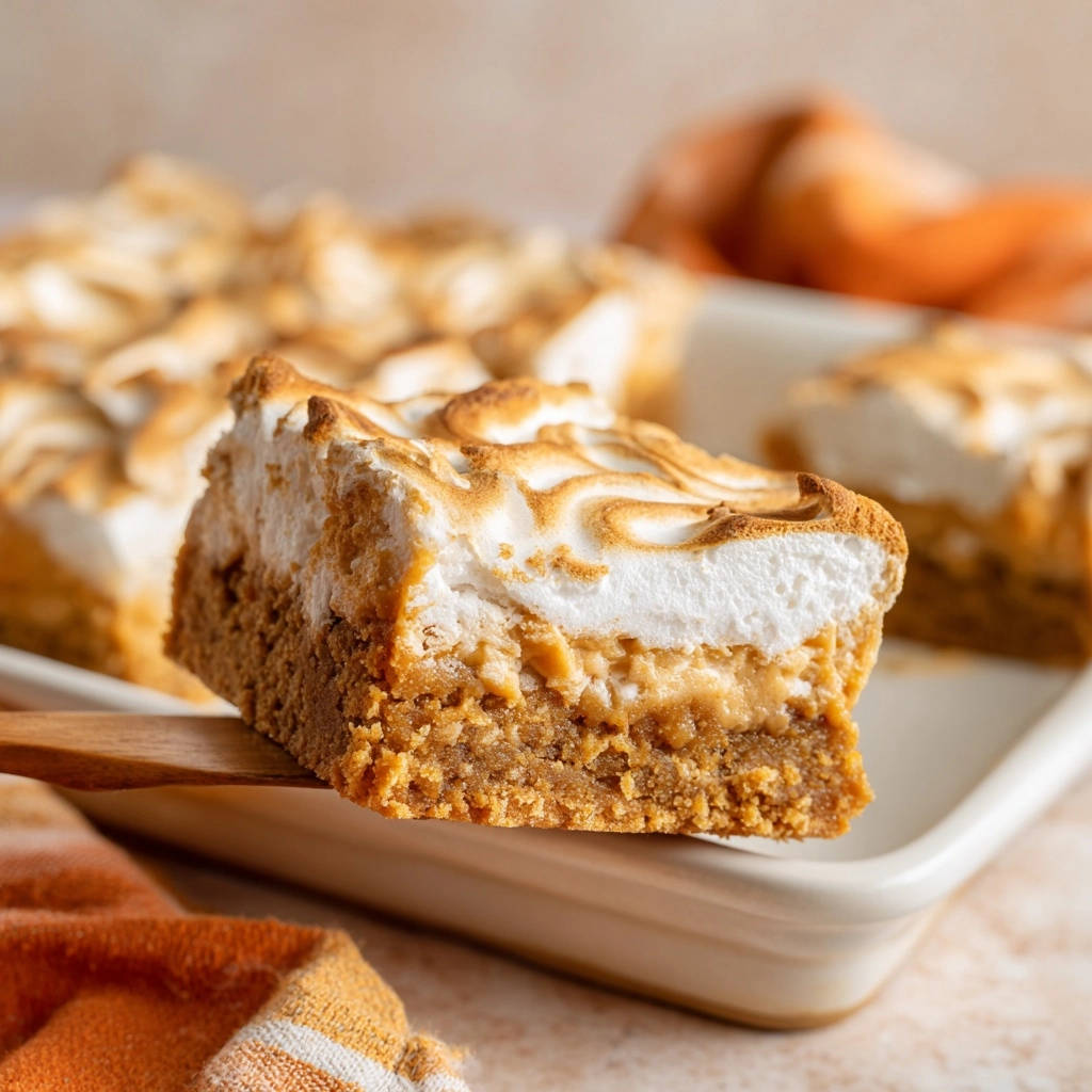 Pumpkin pie bars showing a golden-swirled meringue topping and a rich cross-section of the filling.
