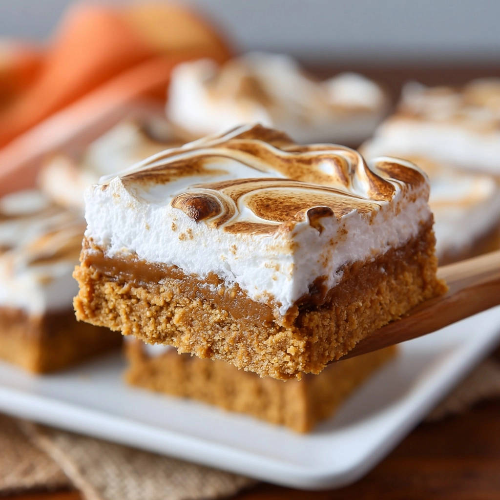 Pumpkin pie bars with a toasted marshmallow swirl topping, shown as a close-up slice on a serving utensil.