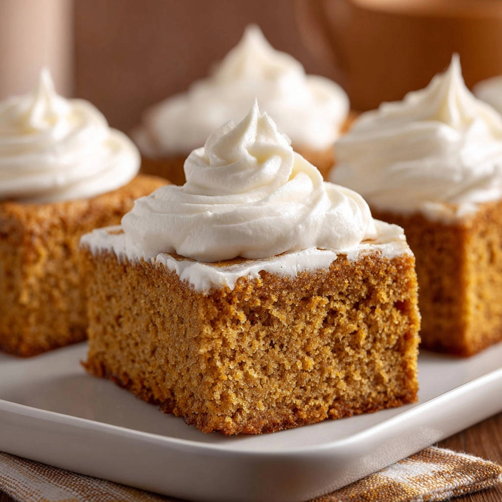 Pumpkin spice sheet cake, a close-up slice showcasing its moist crumb and fluffy white frosting.