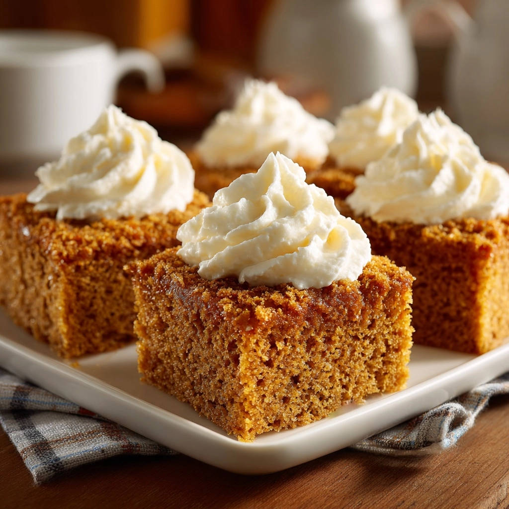 Pumpkin spice sheet cake topped with swirls of whipped cream served on a white platter.