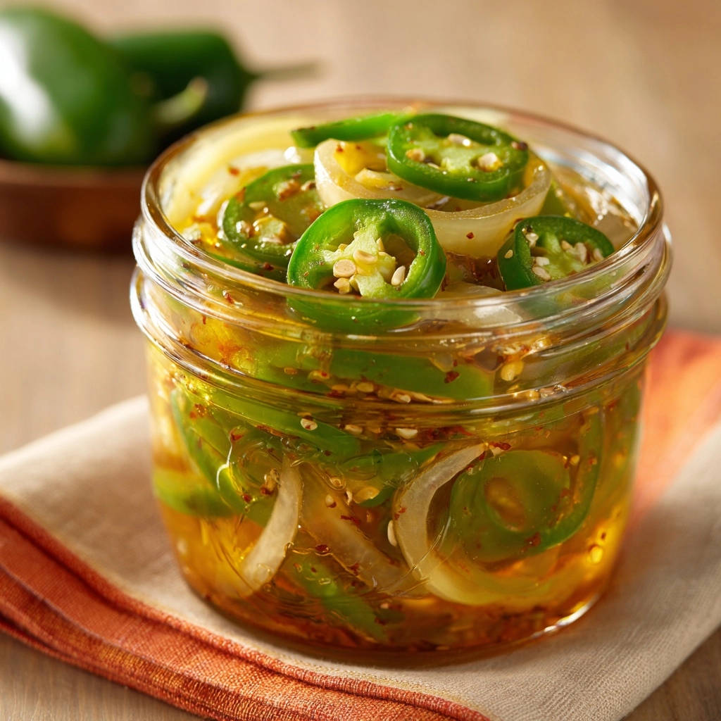 Quick pickled jalapeños and onions sliced and packed in a glass jar with brine.