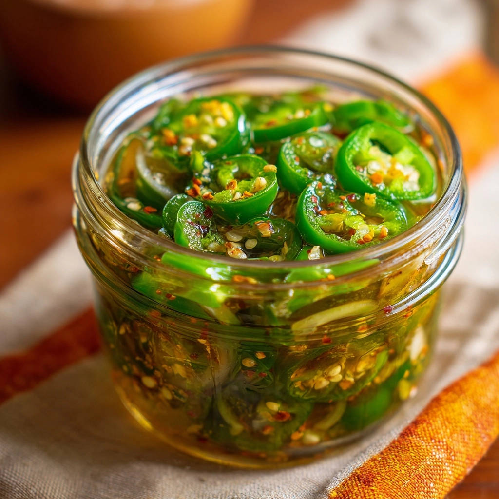 Quick pickled jalapeños in a glass jar, showcasing sliced peppers and spices in brine.