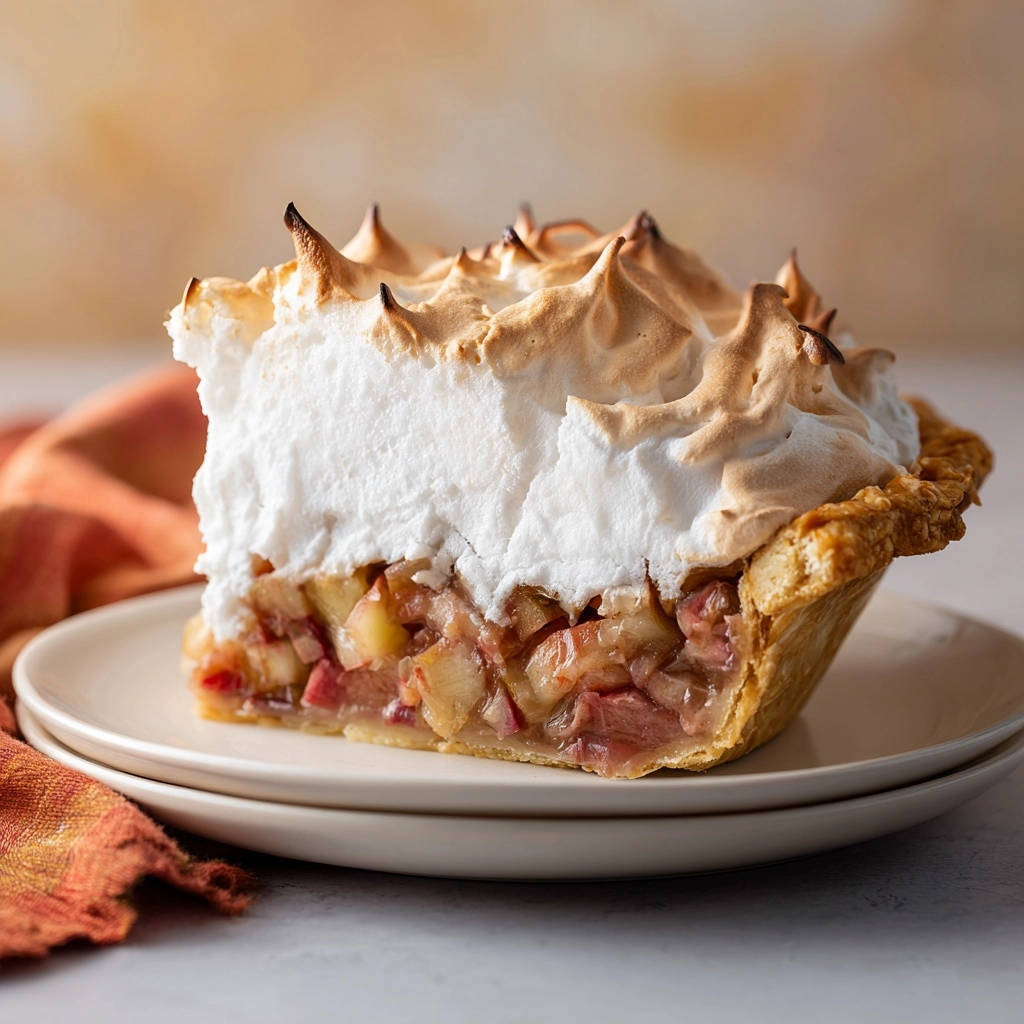 Classic rhubarb meringue pie showing a thick, toasted meringue topping over a fruit filling, presented on a plate.