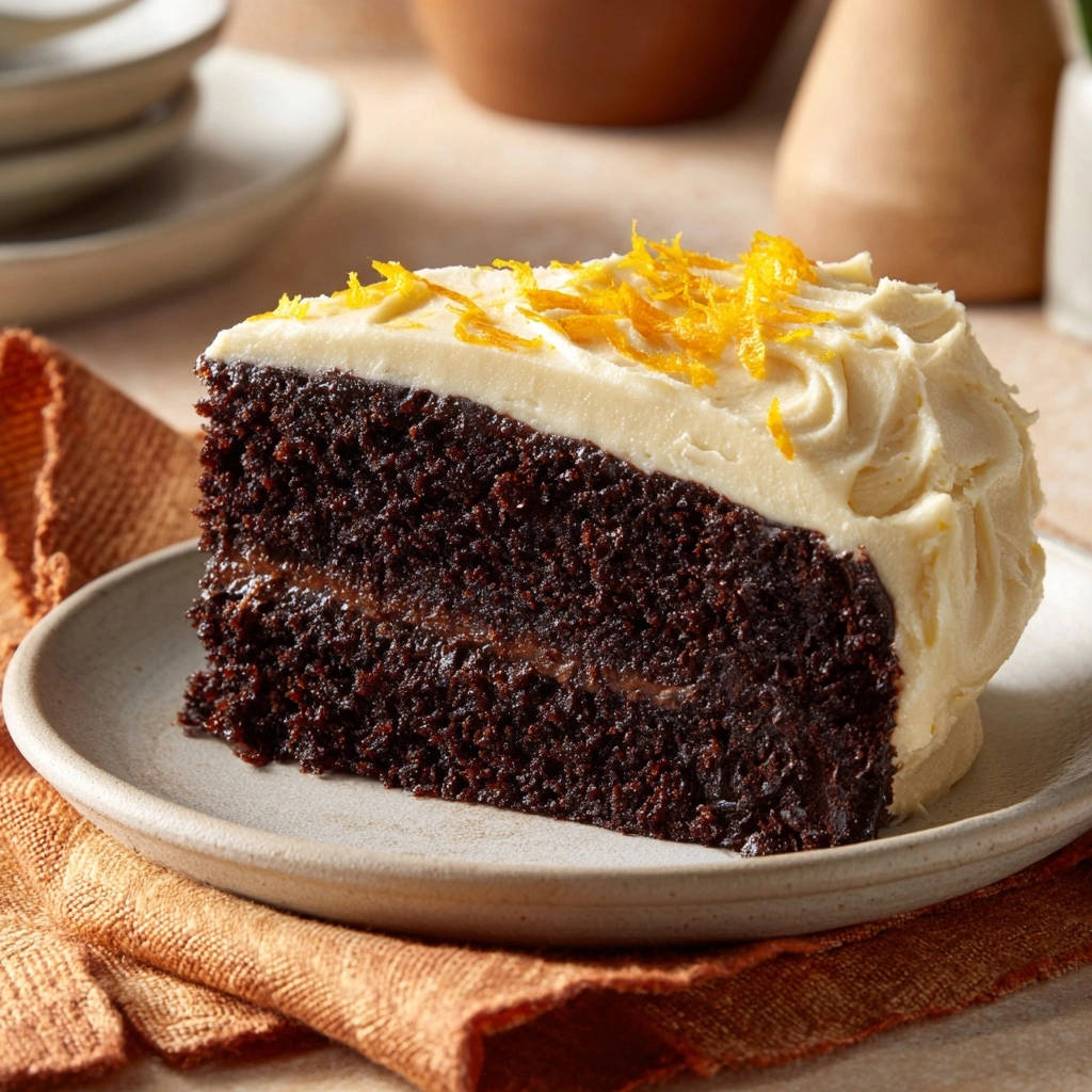Ultimate rich chocolate orange cake shown in a close-up cross-section, revealing its moist interior and creamy frosting.