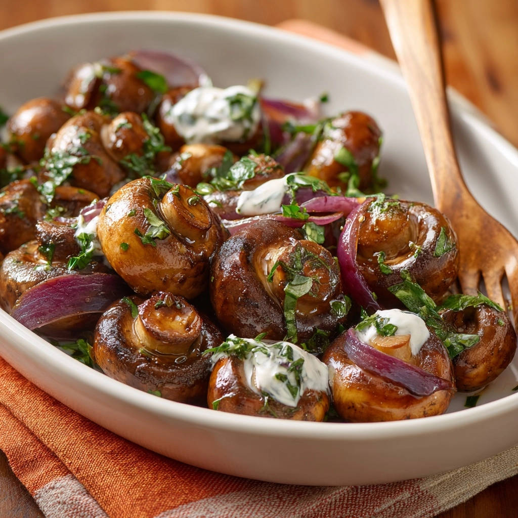 Roasted garlic mushrooms and onions with a creamy herb garnish, shown in a close-up view.