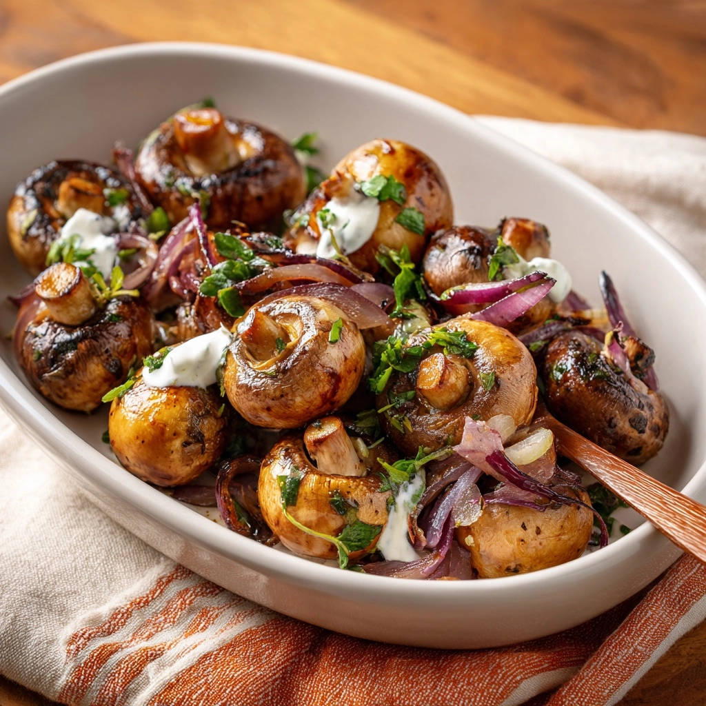 Roasted garlic mushrooms and onions served in a white bowl, drizzled with creamy sauce and garnished with parsley.