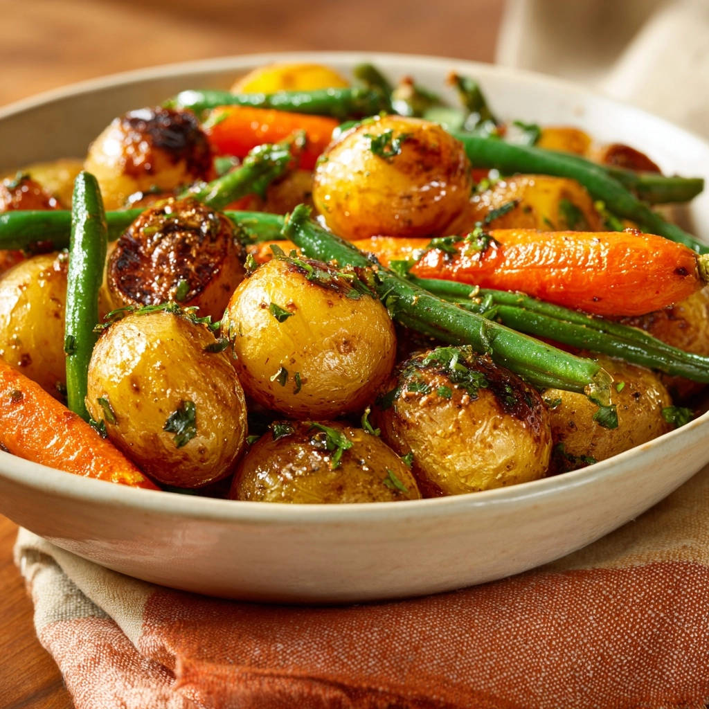 Roasted root & green medley served in a bowl, showcasing tender potatoes, carrots, and green beans with herbs.