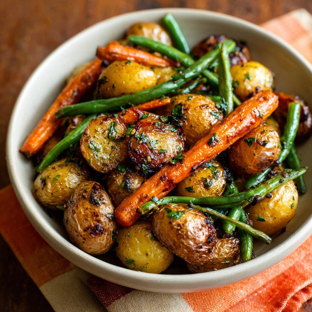 Roasted Root &amp; Green Medley served in a close-up shot within a white bowl, showcasing tender carrots, potatoes, and green beans.