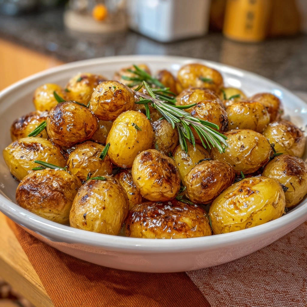 Roasted rosemary baby potatoes in a white bowl, showing a detailed close-up of the crispy skin and fresh rosemary garnish.
