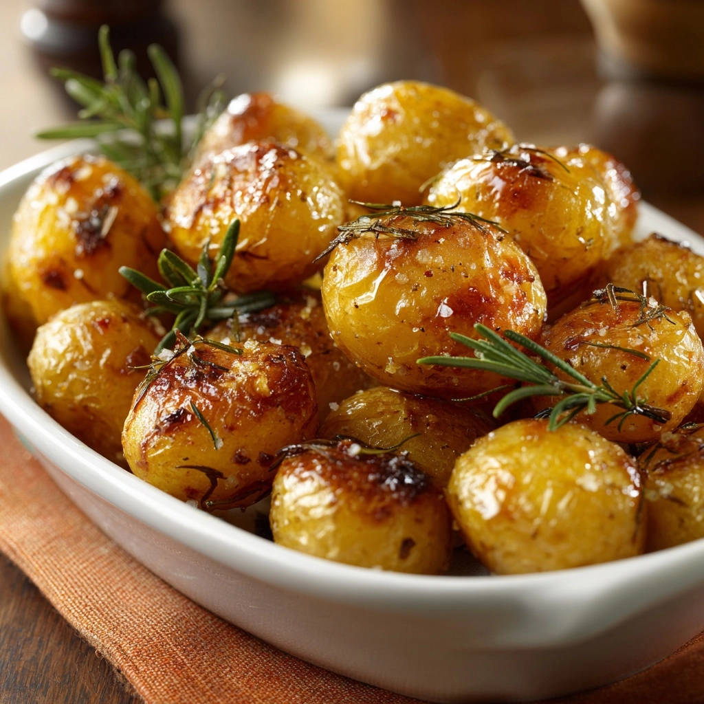 Roasted rosemary baby potatoes with a close-up view showing the fresh herb garnish and glistening skins.