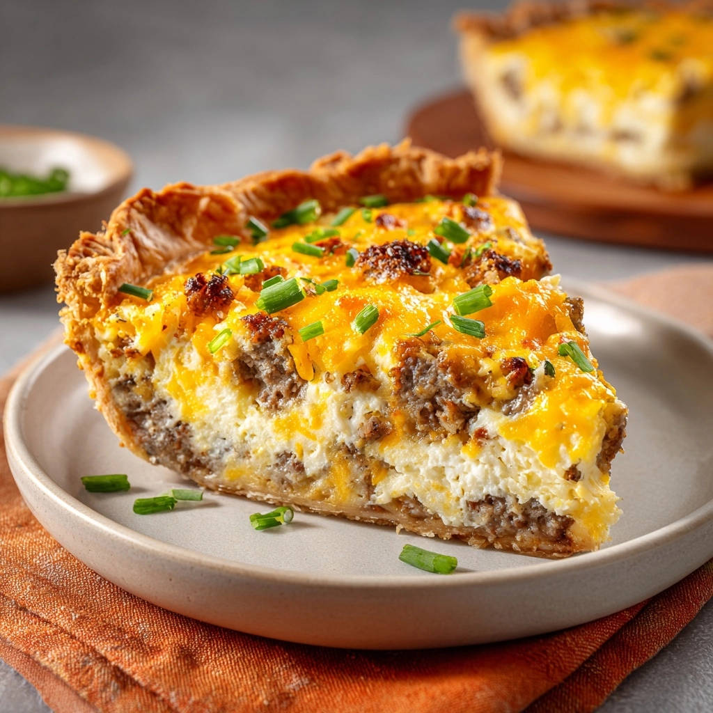Sausage and cheddar breakfast pie slice showing a delicious cross-section of the savory filling and flaky crust.