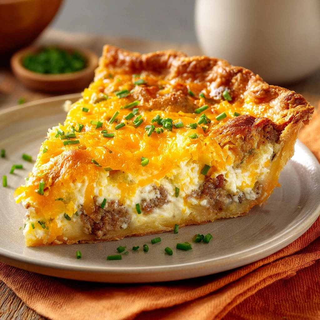 Sausage and cheddar breakfast pie slice showing a detailed cross-section with crumbled sausage and melted cheese.