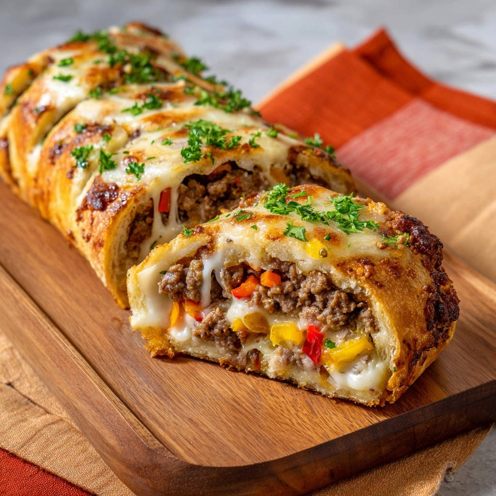 Savory beef &amp; cheese roll cross-section showing a golden crust filled with ground beef, cheese, and colorful bell peppers.