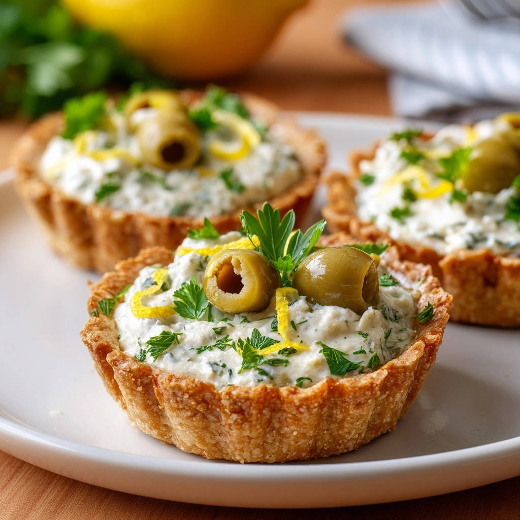 Savory Mediterranean tartlets are beautifully garnished with olives, parsley, and lemon zest, presented in a close-up view.