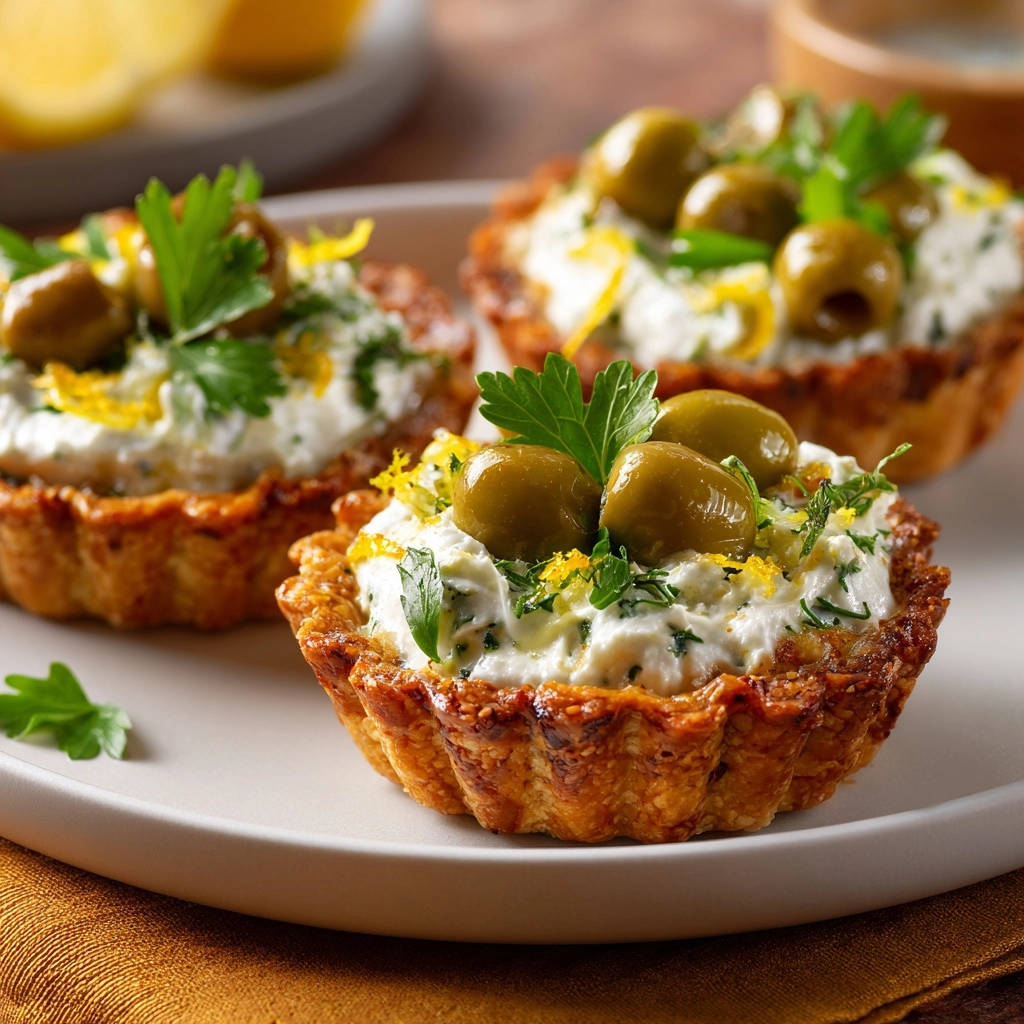 Savory Mediterranean tartlets three plated on a white dish, garnished with olives and fresh herbs.