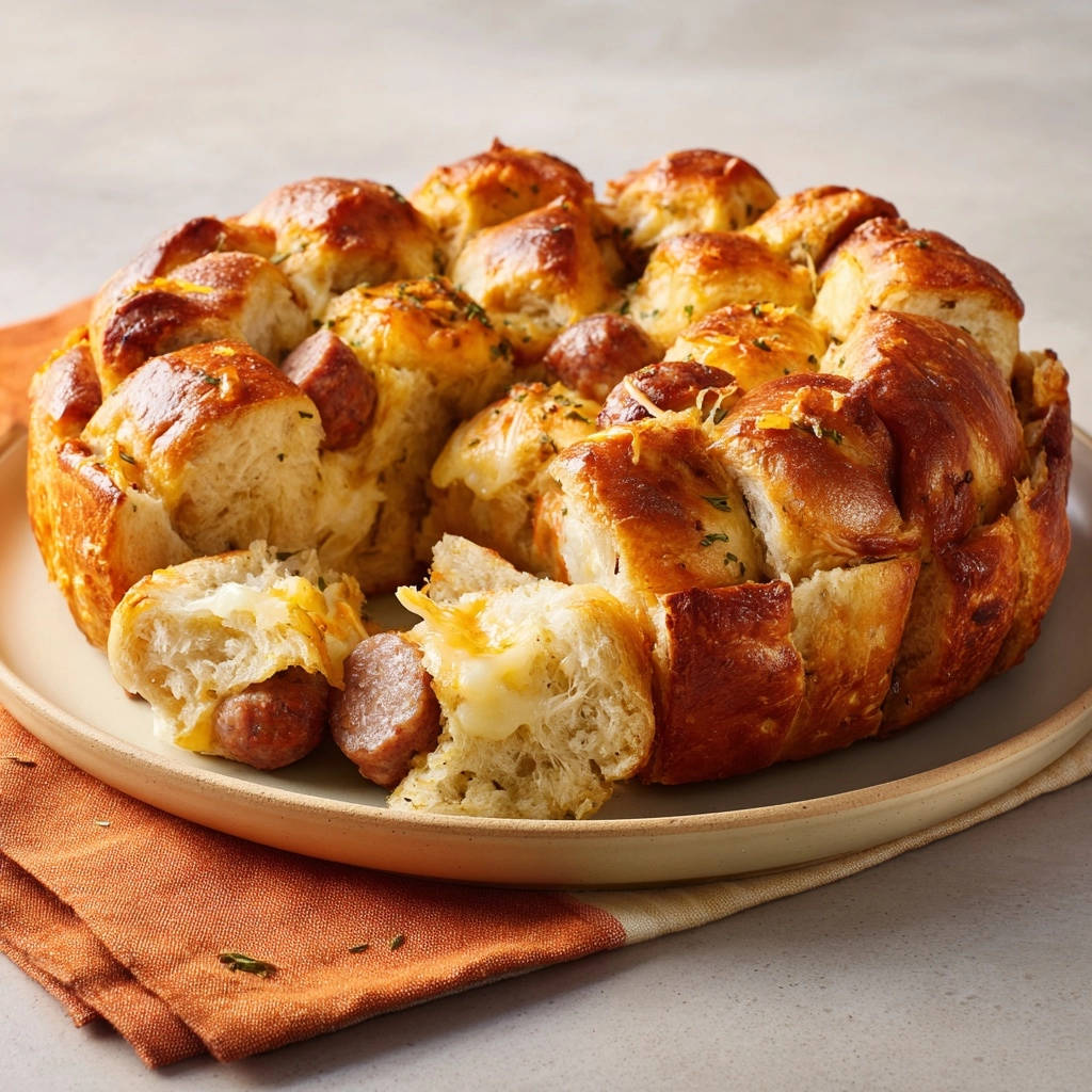Savory sausage and cheese pull-apart bread shown in a close-up cross-section revealing fluffy bread, melted cheese, and sausage.
