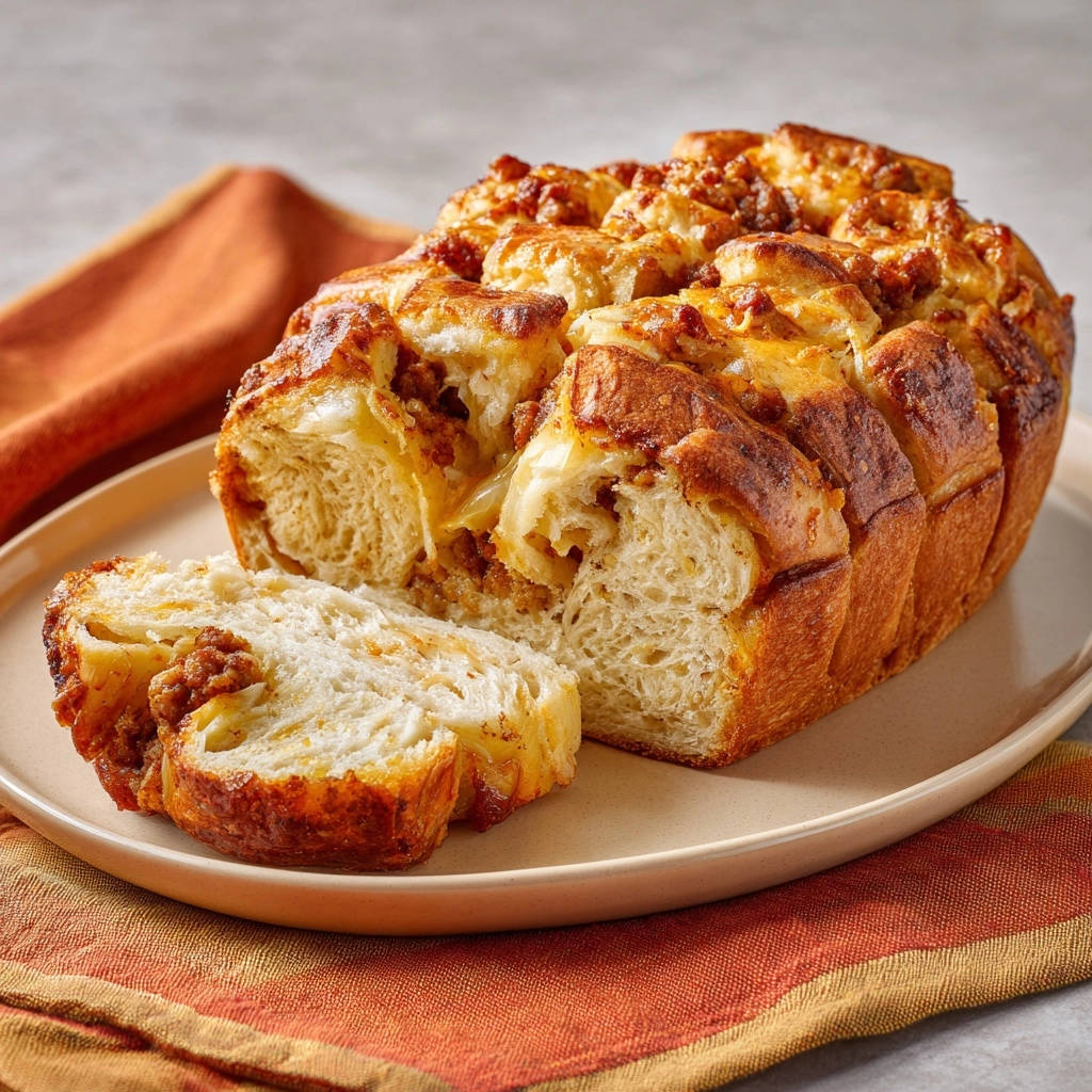 Savory sausage and cheese pull-apart bread shown with a slice pulled away revealing its fluffy interior.