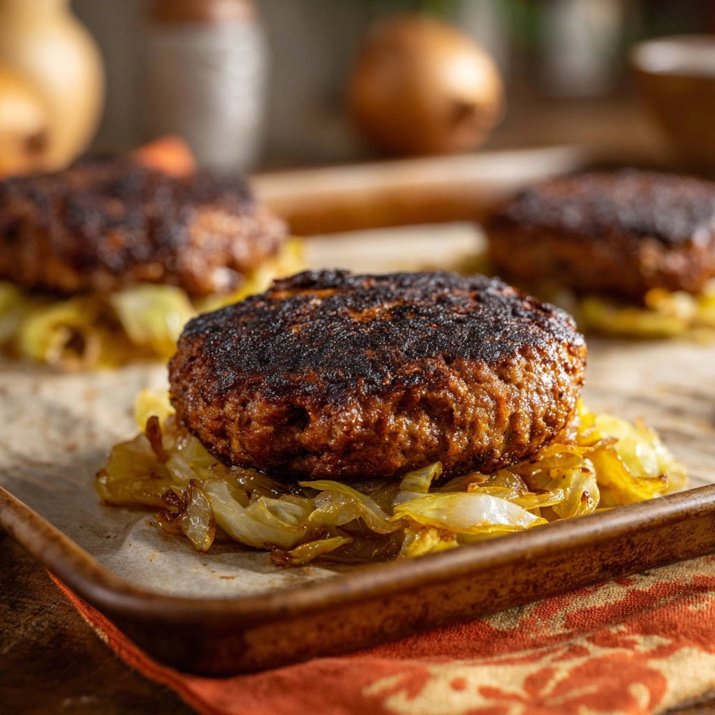 Savory seared patties with caramelized onions, a close-up view showing the seared patty resting on a bed of golden-brown caramelized onions.