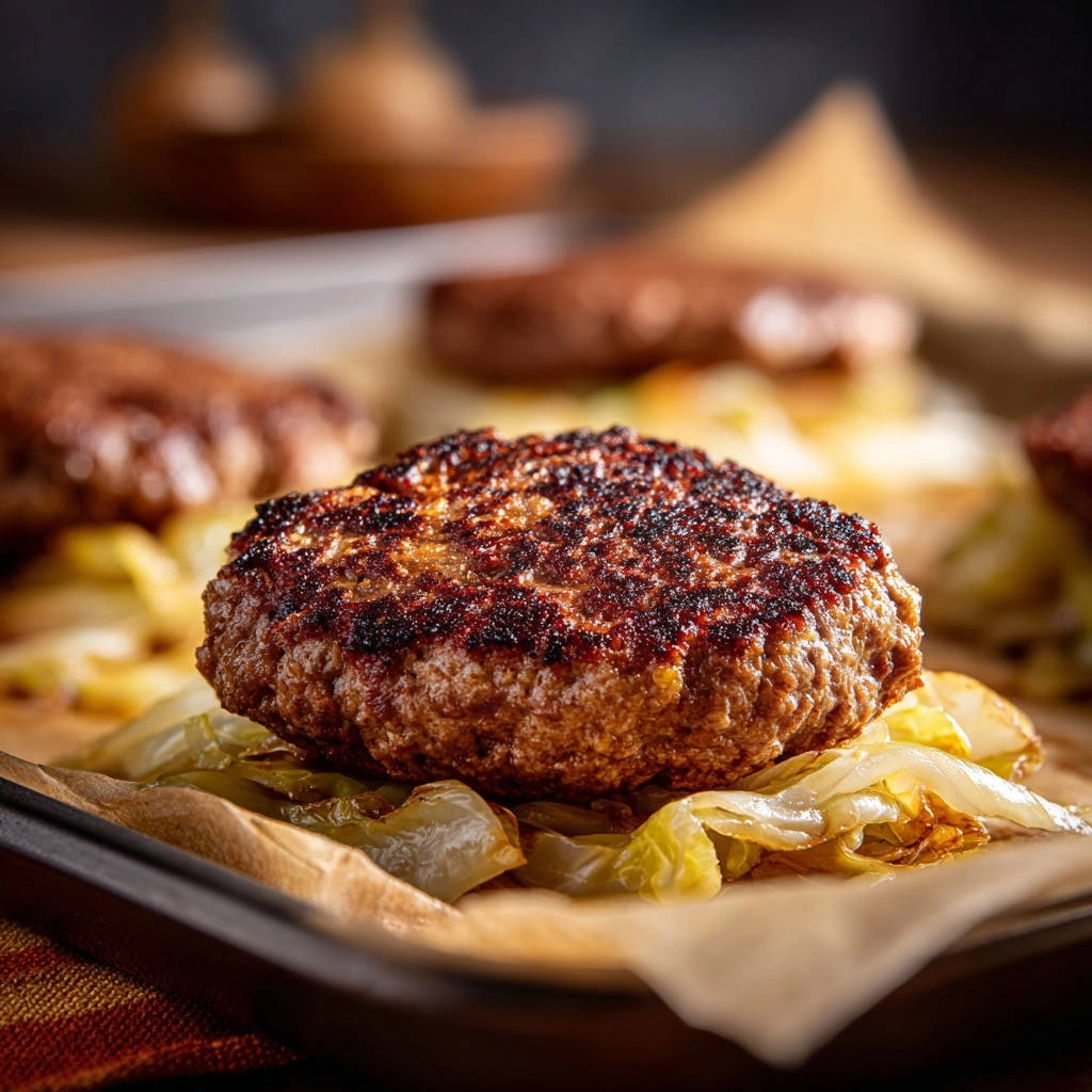Savory seared patties with caramelized onions shown in a close-up detail of their seared texture.