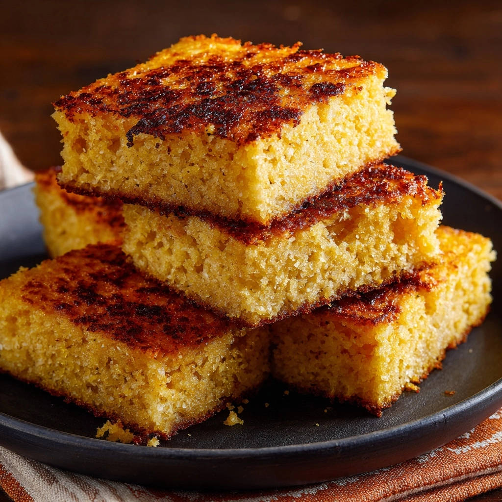Classic skillet cornbread stacked in squares on a dark plate, showcasing their golden-brown crust.