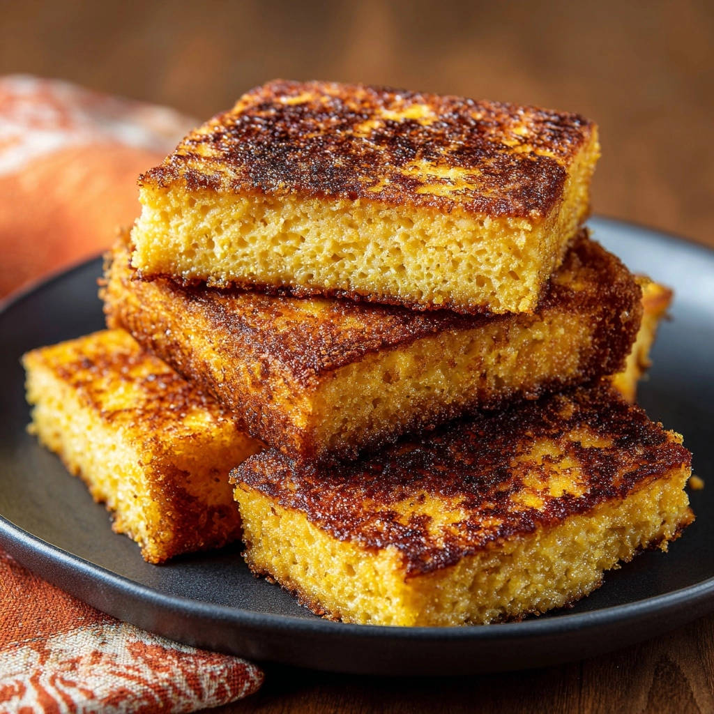 Classic skillet cornbread stacked in squares, showcasing its golden-brown crust and tender crumb.