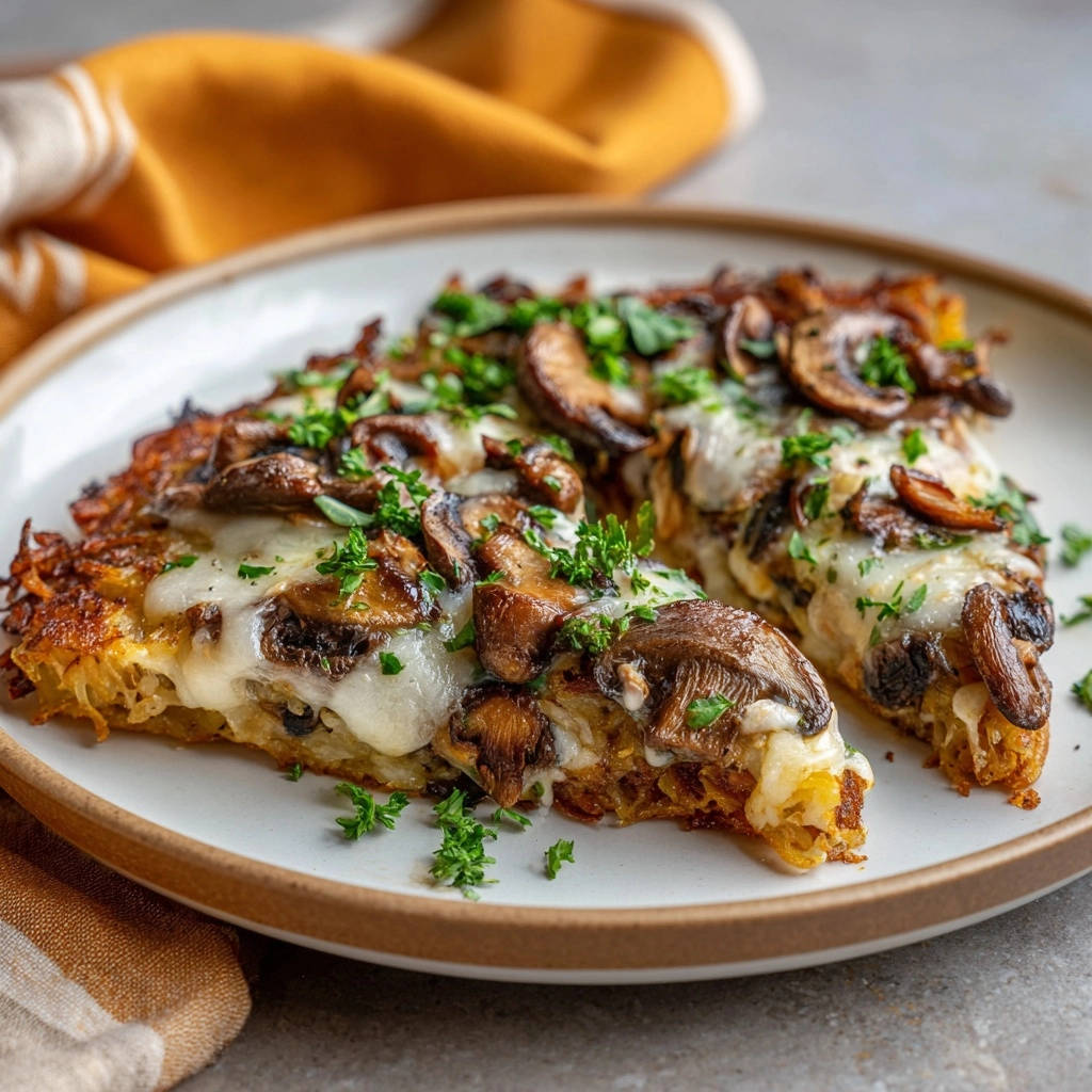 Skillet potato and mushroom tart shown in a close-up cross-section revealing its layered interior and cheesy topping.