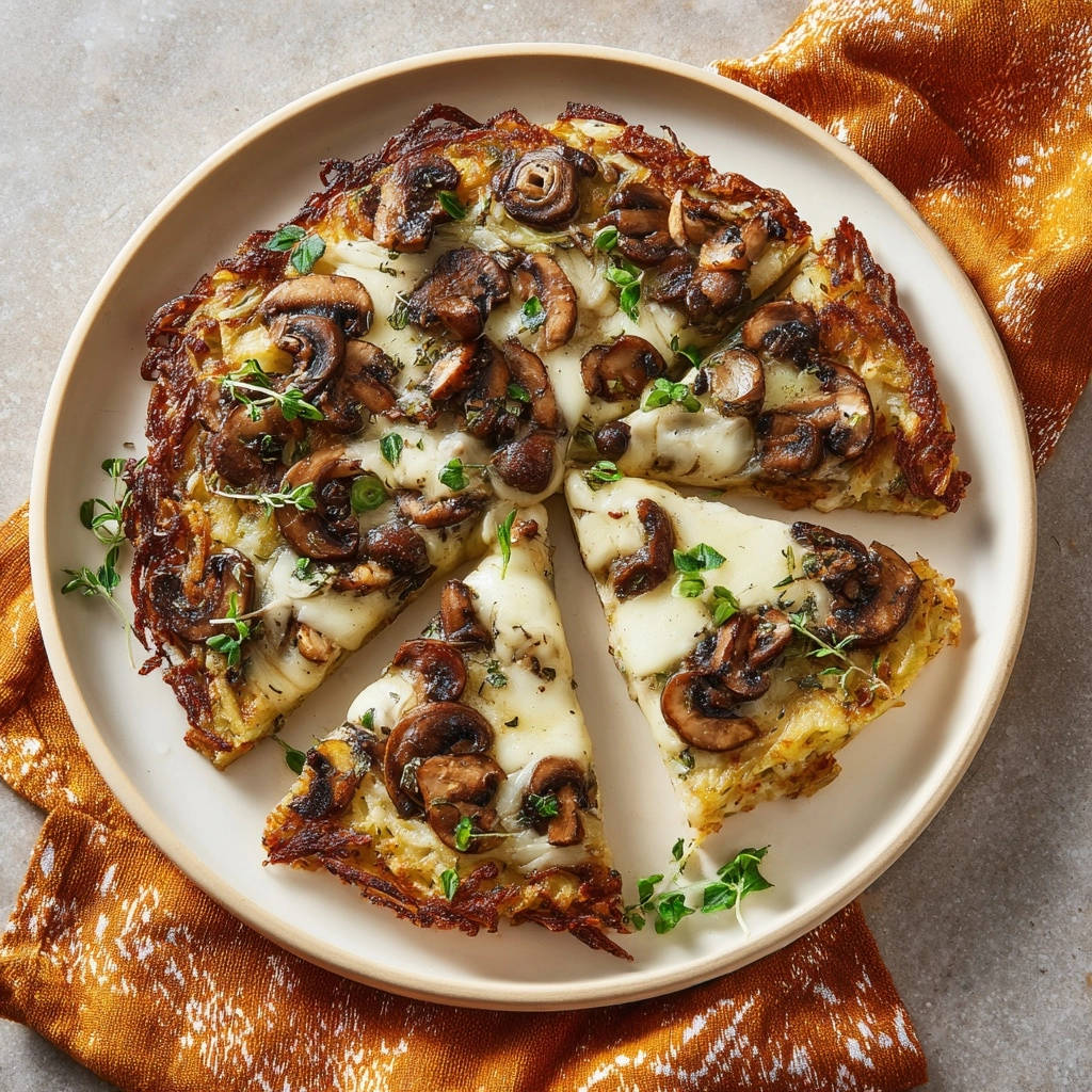 Skillet potato and mushroom tart, sliced and presented overhead on a plate with fresh thyme garnish.