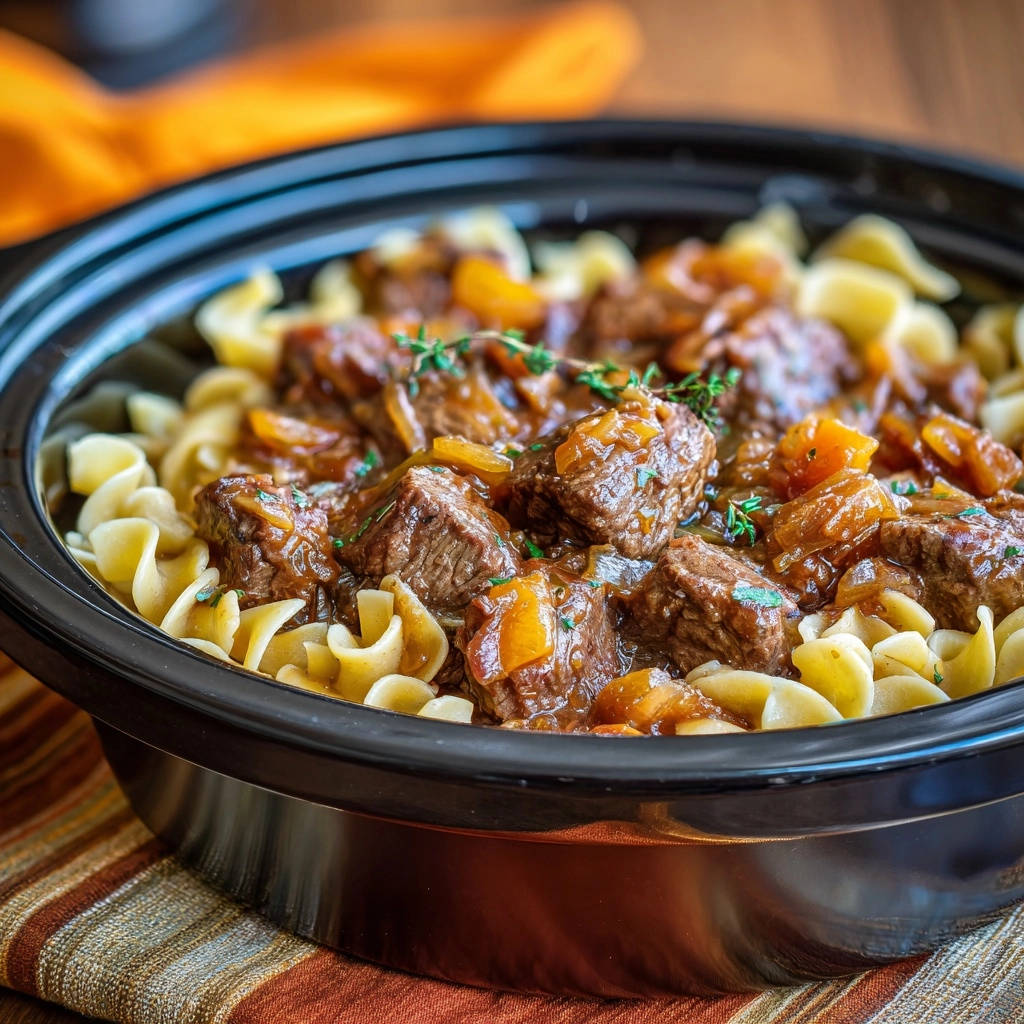 Slow cooker beef &amp; onion stew in a crock pot, showing tender chunks of beef and noodles with a close-up view.