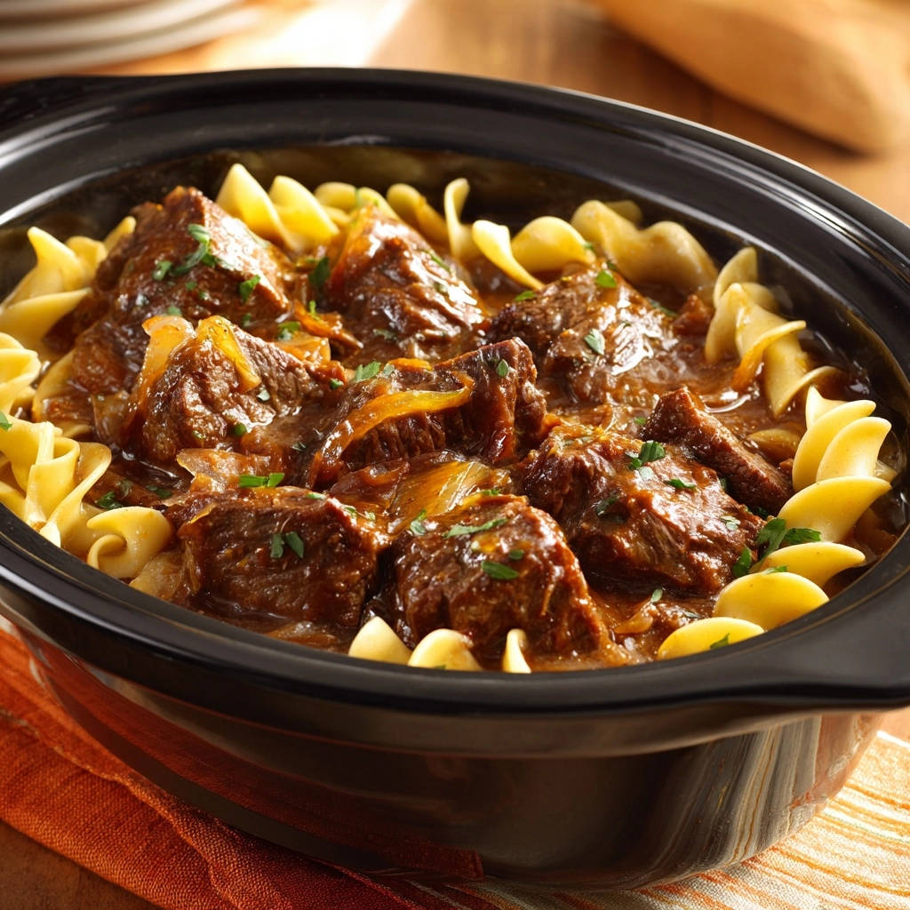 Slow cooker beef & onion stew served with egg noodles in a black crockpot, close-up view.
