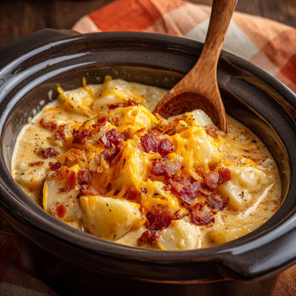 Slow cooker loaded potato chowder with shredded cheese and crispy bacon topping in a dark bowl.