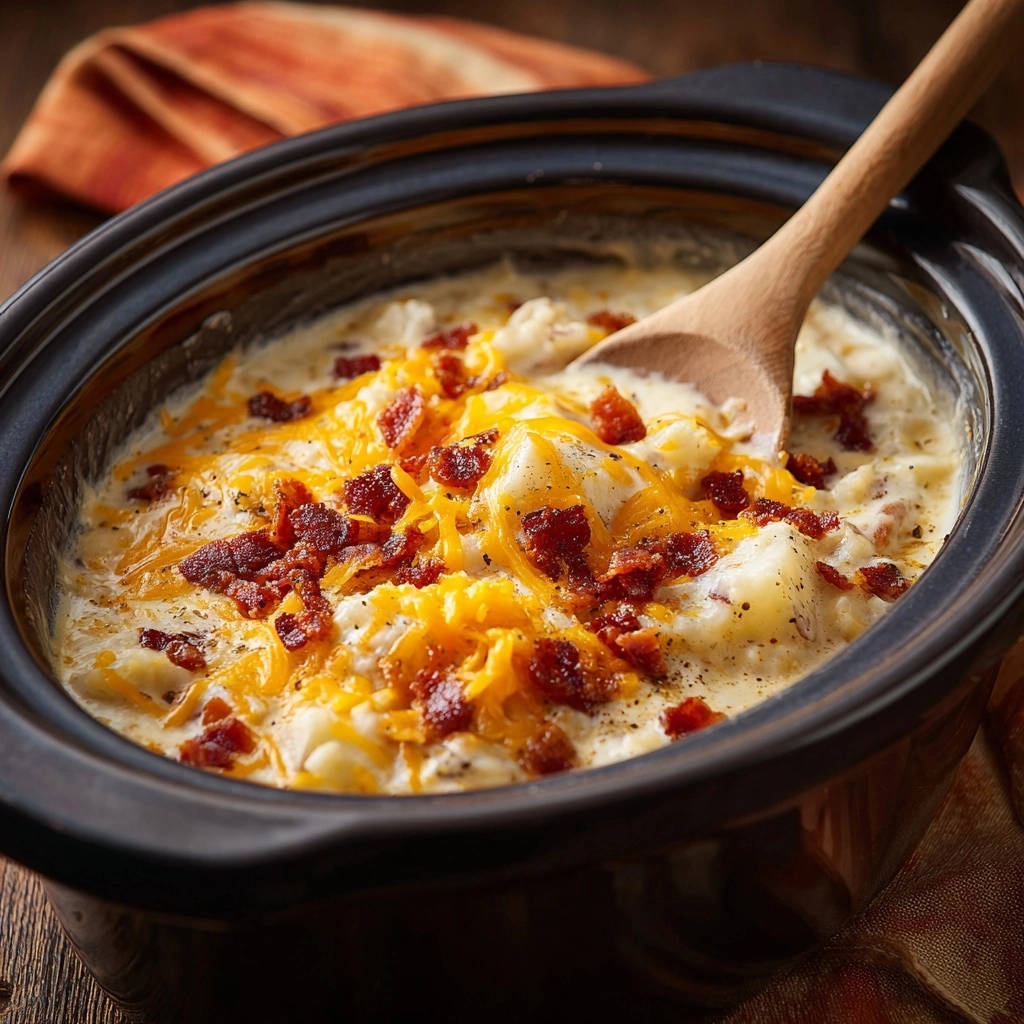 Slow cooker loaded potato chowder served in a black crock with a wooden spoon and topped with shredded cheese and bacon.