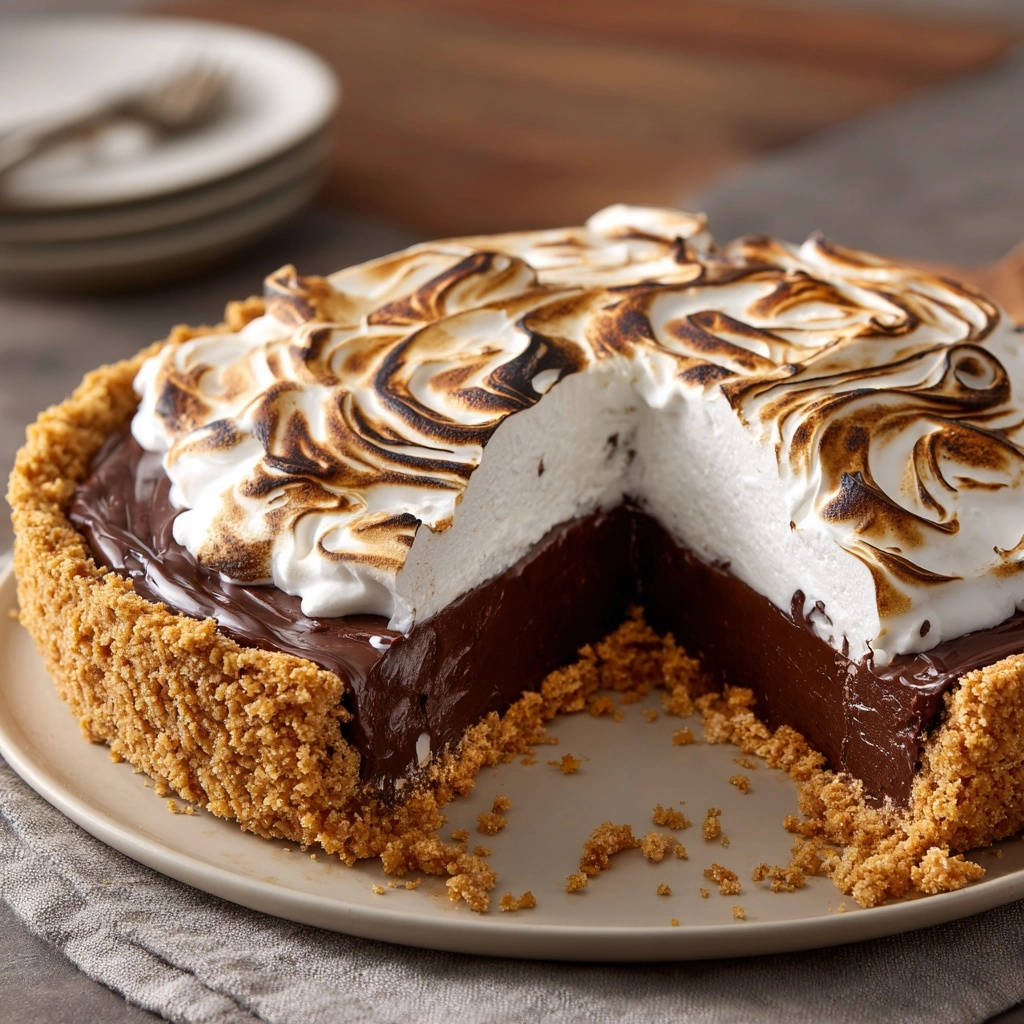 S'mores chocolate tart cross-section revealing rich chocolate filling and toasted meringue topping.