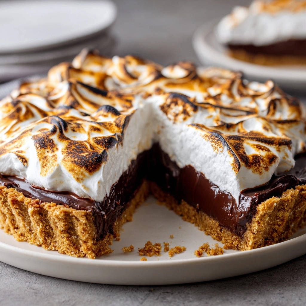 Dreamy S'mores Chocolate Tart with a cross-section revealing layers of chocolate and meringue.