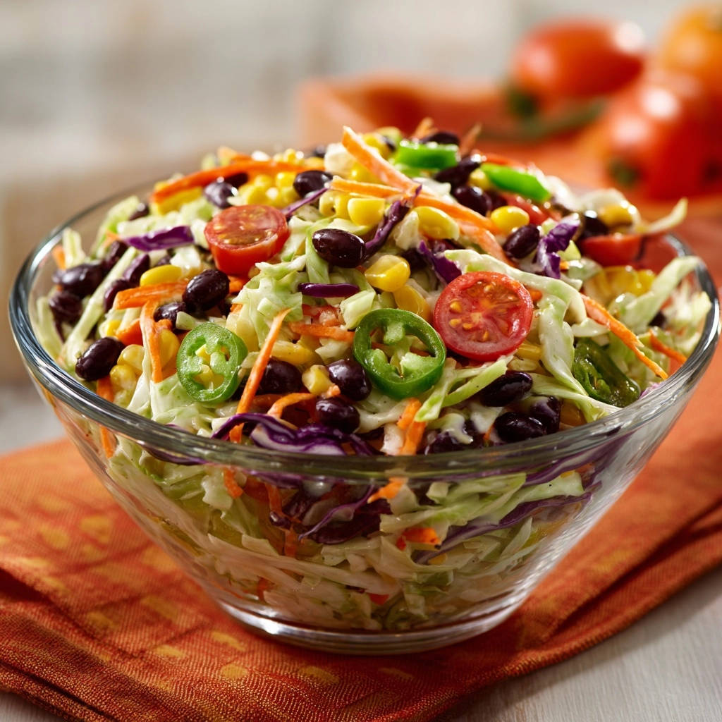 Vibrant Southwest Coleslaw in a clear glass bowl, showcasing black beans, corn, jalapeños, and shredded cabbage.