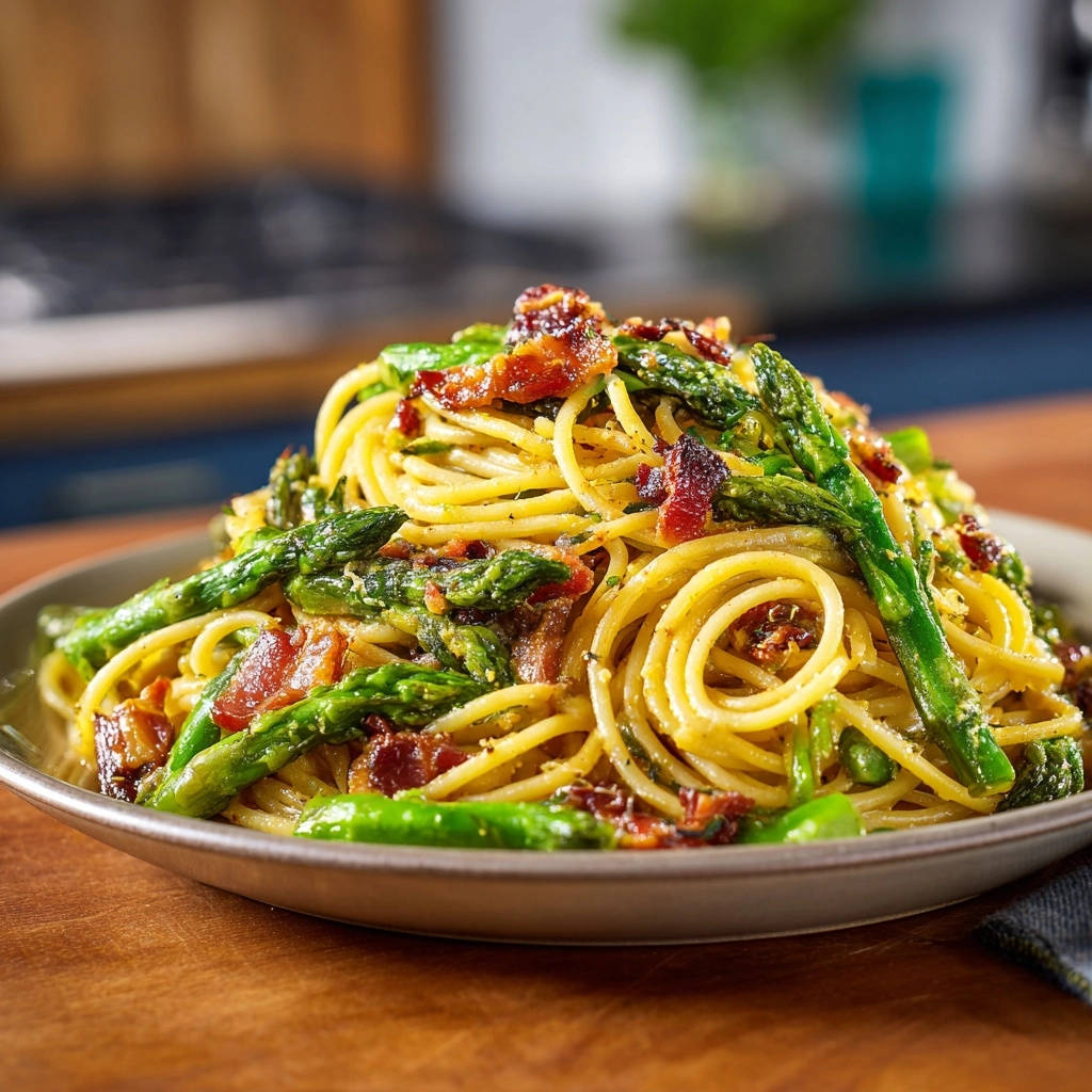 Speedy spaghetti with asparagus and bacon features a close-up view of the pasta coated in clinging sauce.